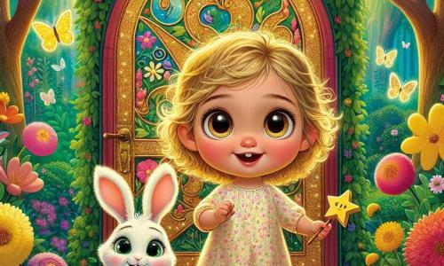 Una bambina di un anno, con grandi occhi brillanti e capelli ricci dorati, si trova davanti a una porta magica colorata, con un sorriso incantato sul viso. Indossa un vestito a fiori e tiene in mano una piccola stella di legno. Accanto a lei c'è un coniglietto di nome Bibo, con pelo bianco e grandi orecchie, che salta gioiosamente. Bibo ha un'espressione amichevole e indossa un piccolo fazzoletto rosso attorno al collo, guardando Lulù con entusiasmo. Lo sfondo è un giardino incantevole, pieno di fiori multicolori, grandi alberi con foglie verdi brillanti e farfalle scintillanti che volano intorno a loro. La porta magica è decorata con motivi dorati e scintillanti, emergendo da un cespuglio lussureggiante. La scena principale mostra Lulù e Bibo pronti a entrare nel mondo magico dietro la porta, pieni di eccitazione e attesa per l'avventura che li aspetta.