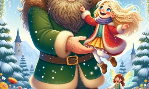 A friendly giant with a large curly beard and sparkling joyful eyes leans forward with a warm smile, surrounded by shimmering snowflakes. He wears a green velvet tunic and leather boots, holding a little girl in his arms, lifting her tenderly. The little girl, Lila, about 8 years old, has golden hair that shines like the sun and bright blue eyes. She wears a bright red coat and a wool scarf, joyfully laughing with her arms raised in victory. Next to them, a small fairy named Twinkle, with sparkling wings and a dress made of flower petals, flies around them laughing, adding a touch of magic to the scene. The setting is in an enchanted clearing at the foot of the mountains, where majestic trees are covered in sparkling snow and ice crystals shine under the sun. Colorful flowers peek through the snow, adding vibrant color to the landscape. The main scene shows the giant, Lila, and Twinkle celebrating their victory after finding the magical artifact, surrounded by warm light and a joyful atmosphere, symbolizing friendship and adventure.