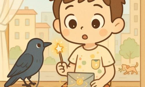 Un niño mago llamado Darío de 11 años, sorprendido y curioso, cejas levantadas y ojos grandes, sostiene un pequeño bastón luminoso en la mano derecha; lleva una camiseta manchada de pintura, calcetines desparejados y un bolsillo con una moneda brillante que vibra. Un cuervo pulido de plumas azul noche está en el alféizar izquierdo sujetando un cordón plateado y brillante con la mirada puesta en el niño. Amanecer en un apartamento urbano con alféizar de madera pintada, cortina ligera, edificios de fondo, una calle con un perro tirando de una rama y una nube con forma de tetera en el cielo. En el regazo de Darío hay una carta gris plateada abierta de la que salen finos hilos de luz como de oro que se enroscan por la habitación; atmósfera suave, colores pastel, luces cálidas, composición centrada en el niño y el cuervo.