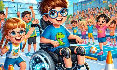 Un niño de 10 años, Lucas, sonriente y lleno de alegría, está sentado en una silla de ruedas eléctrica brillante, con luces intermitentes. Tiene el cabello castaño despeinado, gafas redondas y lleva una camiseta azul con un dinosaurio impreso. A su lado, una niña de 9 años, Marta, con coquetas trenzas y gafas, lo anima levantando los brazos, radiante de emoción. Al fondo, un niño de 10 años, Diego, con cabello rubio y una gran sonrisa, se prepara para comenzar una carrera, sosteniendo un casco de cartón decorado. La escena tiene lugar en un gran patio escolar, lleno de rampas coloridas, conos de señalización y globos flotantes, bajo un cielo azul brillante. En el centro, Lucas y sus amigos están listos para una carrera de obstáculos, rodeados de compañeros que los animan con gritos de alegría. La atmósfera es festiva y dinámica, llena de camaradería y energía, ilustrando el espíritu de inclusión y amistad.