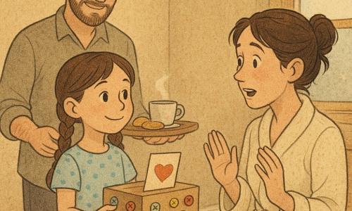 Uma menina de 8 anos, expressão doce e orgulhosa, duas tranças castanhas, vestido simples com bolinhas azul-claro, segurando uma caixa de sapatos decorada com botões e um cartão feito à mão, oferece o presente à mãe; a mãe, cerca de 35 anos, cabelo castanho preso num coque despenteado, robe creme, sentada na cama, surpresa e emocionada, pronta para receber; o pai, cerca de 38 anos, barba curta, camisa casual, em pé atrás da menina com uma bandeja contendo uma chávena de chá fumegante e dois pequenos bolos; quarto iluminado por uma luz matinal dourada, chão de madeira clara, colcha com flores em tons pastel, janela aberta com um vidro ligeiramente embaçado e um pássaro pousado num fio exterior; cena principal: surpresa do Dia das Mães, ambiente calmo, terno e acolhedor, composição centrada nos três personagens, cores quentes e texturas de jornal.