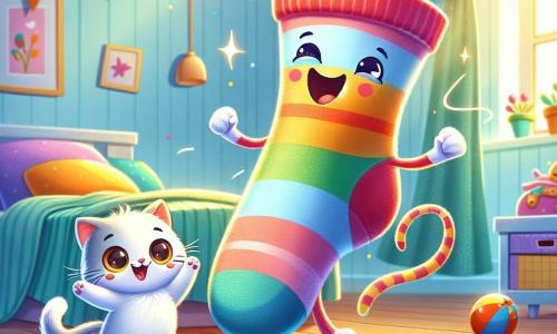 Een vrolijk klein figuurtje, een kleurrijke sok met regenboogstrepen en een grote glimlach, danst enthousiast op de vloer van een kamer. Zijn ogen stralen van blijdschap terwijl hij rolt en draait, wat een speelse en leuke sfeer creëert. Naast hem springt een schattige witte kat met ronde, nieuwsgierige ogen en een omhoog gestoken staart vrolijk, met zijn pootjes in de lucht, alsof hij mee wil dansen. Hij lijkt blij en speelt met een kleine glanzende bal die om hen heen rolt. De scène speelt zich af in een warme kamer, met pastelblauwe muren, speelgoed verspreid over de vloer en een knus bed met kleurrijke lakens. Zacht licht valt door een raam en creëert een magische en uitnodigende sfeer. In deze hoofdsetting hebben de sok en de kat plezier met samen dansen, gedreven door een mysterieuze bal die hen uitnodigt om te feesten, en de kamer vult met lachen en vreugde.