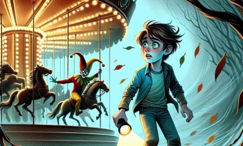 A 12-year-old boy named Oliver, with messy brown hair and sparkling green eyes, stands in the center of the image, his face marked by fear and excitement. He wears a blue t-shirt and worn jeans, holding a flashlight that weakly illuminates the path ahead. To his right, a colorful jester in a bright red and yellow costume smiles mischievously. His bright eyes and bell-tipped hat add a touch of mystery as he appears to dance around Oliver, encouraging him to move forward. The setting is an abandoned amusement park with rusty rides and faded colors. The sky is gray and threatening, while dead leaves swirl around them, creating a magical yet unsettling atmosphere. The main scene shows Oliver, hesitant but determined, facing an old carousel that begins to turn slowly, its horses frozen in graceful poses, while a menacing shadow looms behind him, ready to pounce.