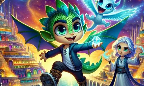 Al centro dell'immagine, un piccolo drago di nome Smeraldo, con squame verde smeraldo scintillanti e occhi dorati, vola con determinazione tenendo un cristallo luminoso tra le zampe. La sua espressione è sia coraggiosa che curiosa, mentre si libra sopra una città affascinante. A destra, Luce, una giovane donna dai capelli argentati e occhi vivaci, indossa una tunica blu e alza le braccia per creare un'illusione luminosa, con un volto concentrato. Si trova su un pavimento antico, circondata da edifici futuristici e piramidi antiche, simboli di un mix di epoche e culture. Il paesaggio è una città vibrante, dove strutture di vetro e metallo si mescolano a rovine antiche, sotto un cielo stellato punteggiato di nuvole luminose. Smeraldo sta fuggendo da una villa misteriosa, inseguito da uno stregone malvagio, mentre Luce usa i suoi poteri per proteggerlo, creando un campo di luce attorno a loro, simbolo dell'unione tra magia e tecnologia.