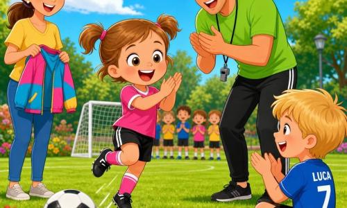 Una bambina di 4 anni, felicissima e radiosa, capelli castano chiaro in due piccole trecce, occhi nocciola, concentrata e giocosa, sta calciando con il piede destro una piccola palla da calcio bianca e nera e salta di gioia battendo le mani mentre l'allenatore trentenne dal volto dolce, in maglietta verde e con il fischietto al collo, applaude alle sue spalle; la madre, donna sorridente coi capelli castani raccolti, tiene una giacchetta colorata in secondo piano sul lato sinistro del campo; un bambino di circa 5 anni (Luca), biondo e seduto sull'erba a destra, sorride e applaude insieme ad altri bambini sfocati; il luogo è un piccolo parco soleggiato con prato verde, fiori rossi e gialli, un piccolo arco di metallo bianco e linee di campo appena visibili sotto un cielo azzurro con alcune nuvole, atmosfera colorata, allegra e dinamica.