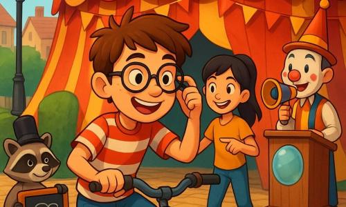 Milo, a determined and excited 10-year-old boy with a round freckled face, messy brown hair and a smile, holds his bike handlebar with one hand and adjusts his glasses with the other; Tessa, about the same age with black hair in a ponytail, stands slightly behind him to his right, smiling mischievously and pointing at the tent entrance. A small raccoon on its hind legs wears a tiny black bowler hat and holds a slate with the challenge list near the left entrance; a softly made-up clown in a striped vest and pointy hat stands behind a podium holding a colorful megaphone that squeaks. The scene is a sunny village square with warm cobbles and Victorian lampposts and a large garish, slightly wavy striped tent decorated with red-and-yellow pennants; in front are three arched entries labeled: a moving green hedge, a narrow bridge over a fizzing orange lemon-scented substance, and a door with a giant sparkling bubble. The mood is playful and mildly magical with saturated colors, soft shadows, crisp cel-shaded textures, exaggerated expressions and dynamic poses suggesting a fun 
