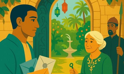 Adult man (Nadir), calm determined face, soft eyes, sun‑tanned, wearing a beige tunic and teal coat, pressing three sealed letters (blue, silver, amber) against an engraved arched stone door covered in vine; elderly woman (~70), kind gaze, white hair in a bun, green dress with gold embroidery, seated on a bench just inside the open door holding a small green glass key; wealthy man (Lord Badr, ~50), dark luxurious night‑colored robe, surprised hesitant expression, standing slightly back before the now‑ajar iron gate; two guards (~30), simple uniforms with resting spears, posted outside each side of the gate, curious but not hostile; setting: ancient vine‑covered stone wall with softly glowing engraved arch leading to a lush garden of palms and orange trees, a silver crescent fountain and hanging colored glass lamps; main action: Nadir presses the sealed letters to the door, the stone sparkles and parts to reveal the warm, densely foliaged inner garden, a silent atmosphere of wonder.