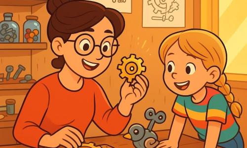 An inventor woman, Mira, is sitting at a large wooden desk, surrounded by various shiny tools and small mechanical parts. She has brown hair in a bun, round glasses, and a smile radiating curiosity and determination. She holds a small golden gear in her hand, her eyes sparkling with excitement. Next to her, a little girl, Mina, about 8 years old, watches in awe. She has blonde hair in braids, wears a colorful t-shirt and jeans. She leans over the desk, her hands resting on the wood, ready to help her older friend. The setting is a bright workshop, with shelves filled with jars of screws, springs, and colorful buttons. Machine sketches hang on the walls, and soft golden light filters through a window, illuminating the creative mess. The main scene shows Mira and Mina working together on a mechanical puzzle game. Shiny gears and levers are scattered across the table, and a small metal bird awaits repair. The atmosphere is joyful and energetic, illustrating the joy of invention and collaboration.