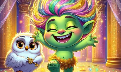 In the center of the image, Tilly, a joyful troll with sparkling green skin, star-like bright eyes, and messy rainbow-colored hair, dances enthusiastically. Her warm smile lights up her face, and she holds a beautiful golden key that glimmers in the light. Next to her, Luna, a wise owl with white and golden feathers, perched on a shining stone, observes with an encouraging gaze. Her round, mischievous eyes seem full of wisdom, ready to offer advice to Tilly. The setting is the Great Hall of the Sparkling Cave, where the walls shimmer like diamonds and colorful lights dance around them. Sparkling treasures are scattered on the floor, creating a magical and fairy-tale atmosphere. The main scene shows Tilly, full of determination and joy, celebrating her victory after retrieving the magical key, while the golden light from the key illuminates the room, symbolizing hope and protection for the Sanctuary of Dreams.