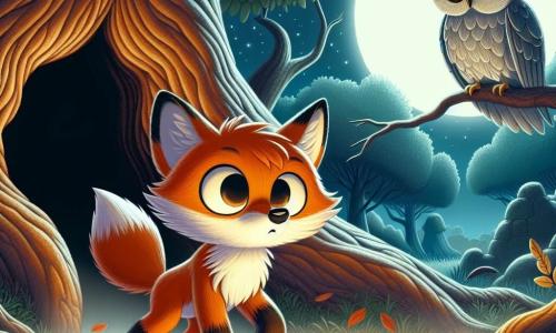 Un pequeño zorro llamado Zuri, con un pelaje naranja brillante y ojos llenos de curiosidad, se encuentra valientemente frente a un árbol antiguo, con las orejas erguidas y una expresión decidida, listo para enfrentar sus miedos. A su lado, una sabia lechuza de plumas grises y grandes ojos redondos, posada en una rama, observa con expresión preocupada, con las alas ligeramente desplegadas como si estuviera lista para volar al rescate de Zuri. El lugar es un claro misterioso, bañado por la luz de la luna, rodeado de grandes árboles de troncos nudosos, cuyas ramas torcidas forman sombras inquietantes sobre el suelo cubierto de hojas muertas. La escena principal muestra a Zuri avanzando hacia una abertura oscura en el tronco del árbol, mientras una ligera bruma se eleva a su alrededor, creando una atmósfera a la vez aterradora y mágica, simbolizando el desafío que está a punto de afrontar.