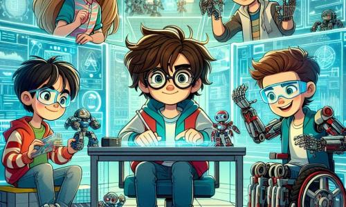En un laboratorio futurista, Tomás, un chico de 11 años con cabello castaño desordenado y gafas redondas, está en el centro, concentrado, programando un robot. A su derecha, Valeria, una niña de 11 años con cabello largo y rubio, lleva una camiseta colorida y sonríe, sosteniendo piezas de robot en sus manos. A la izquierda, Javier, un chico de 11 años con cabello negro y gafas de protección, se inclina sobre una mesa, ensamblando componentes electrónicos con entusiasmo. Finalmente, Lucas, un chico de 11 años con cabello castaño, está sentado en una silla de ruedas futurista que puede transformarse en vehículo, observando atentamente el trabajo de sus amigos con una sonrisa alentadora. El laboratorio está lleno de paredes de vidrio transparente, mostrando pantallas holográficas con datos tecnológicos. Estantes cargados de gadgets brillantes y robots en construcción, mientras luces de neón coloridas iluminan el espacio, creando una atmósfera dinámica e inspiradora. La escena principal muestra a los cuatro amigos colaborando entusiastamente para crear un robot capaz de analizar un sistema de energía, rodeados de herramientas futuristas y piezas brillantes, ilustrando el trabajo en equipo y la innovación en un mundo futurista.