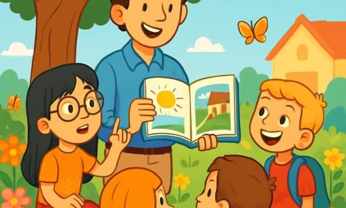 Um jovem, o professor Miguel, sorridente e entusiasmado, está em pé sob uma grande árvore no jardim da escola, cercado por seus alunos. Ele tem cabelos castanhos e cacheados, usa uma camisa azul e uma calça bege, segurando um livro aberto nas mãos, mostrando ilustrações coloridas. Ao lado dele, Ana, uma menina de 8 anos com cabelos longos e negros e óculos redondos, levanta a mão com curiosidade, pronta para fazer uma pergunta. Um pouco mais longe, Lucas, um menino de 9 anos com cabelos loiros e curtos, olha para Miguel com admiração, um sorriso radiante no rosto. O jardim da escola está cheio de flores coloridas, com borboletas voando ao redor, e um céu azul claro ao fundo. Os alunos estão sentados em círculo na grama verde, cativados pela história que Miguel conta. O cenário principal mostra o professor Miguel compartilhando sua paixão pela educação com seus alunos, criando um momento mágico de aprendizado e descoberta ao ar livre.