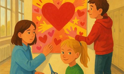 Drei Kinder: Mira, 11, mittellange braune Haare, hellblauer Mantel, ruhig und konzentriert, klebt einen bunten Eckteil eines großen Posters an die Wand (links-mittig); Leni, 11, blonde Pferdeschwanz, greller grüner Pullover, schelmischer Blick, hält eine dicke Rolle Klebeband und eine Schere (leicht rechts vorn); Benni, 12, kurz kastanienbraunes Haar, roter Sweatshirt, roter Farbfleck auf der Nase, steht auf einem kleinen Tritt, glättet die obere Partie des Posters (rechts, etwas erhöht). Schauplatz: langer Schulflur mit cremefarbenen Wänden, beigem Fliesenboden, großen Fenstern links mit warmem Spätnachmittagslicht, niedrigen Schließfächern rechts; am Boden Farbflecken und eine offene Materialbox. Szene: die drei hängen ein farbexplosives Valentinstagsposter (Rot-, Rosa-, Gelbtöne) mit Herzen, gezeichneten Händen, Sternen und glitzerndem Klebeband an, ruhig präzise Gesten, warme kooperative Atmosphäre, dynamische Komposition, dezente Lächeln und Farbflecken an den Fingern.