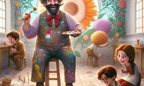 A man, Mr. Malachite, stands at the center of the scene with bushy eyebrows and messy curly hair splattered with colorful paint. His face radiates joy and enthusiasm as he paints a beautiful mural on the wall of a bakery. He wears a paint-splattered smock and holds a brush in one hand, adding details to a giant flower. To his right, a little girl named Lily, about 8 years old with long brown hair in pigtails, is focused on her drawing, crouched down with a small brush, adding touches of pink and purple to a fairy she painted. To his left, a boy named Oliver, 9 years old with round glasses and a bright smile, watches curiously, holding a brush in one hand and a palette in the other. The charming bakery, "The Doughy Delight," features an old brick wall decorated with paper flower garlands and delicious pastries visible through the window. The sun shines, illuminating the colorful mural coming to life with giant flowers and playful fairies. The main scene shows Mr. Malachite and the children painting together, laughing and sharing their creativity, transforming the bakery wall into a vibrant and magical work of art, symbolizing friendship and imagination.