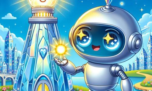 Un pequeño robot de ojos brillantes y estrellados, con un cuerpo de metal plateado y brazos articulados, observa con curiosidad un gran faro de cristal que brilla bajo el sol. Parece decidido y alegre, listo para resolver un misterio. A su lado, una luz suave toma forma, representando un espíritu luminoso con alas translúcidas, que sonríe cálidamente y ilumina el camino. Flota ligeramente sobre el suelo, llena de gratitud y esperanza, animando al pequeño robot. El escenario es una ciudad futurista llamada Cristalina, donde las casas transparentes de vidrio brillan como diamantes y coches voladores se deslizan en un cielo azul. Flores coloridas y luminosas bordean las calles, añadiendo un toque de magia al entorno. La situación principal muestra al pequeño robot y al espíritu luminoso unidos en su búsqueda para reparar la luz del faro, simbolizando la amistad y la colaboración en un mundo lleno de maravillas.