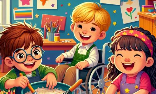 In a colorful classroom, three children are actively engaged. On the left, **Billy**, an 8-year-old boy with messy brown hair and round glasses, holds a large piece of yellow paper on which he is drawing a smiling fish. In the center, **Sam**, a 7-year-old boy with blonde hair and a bright smile, is sitting in his wheelchair, mixing ingredients in a large bowl. On the right, **Lucy**, a 6-year-old girl with long curly hair and a pink t-shirt, decorates a cardboard with stars and hearts while happily looking at Sam. 

The classroom is filled with bright colors, with children's drawings hanging on the walls and wooden tables cluttered with art supplies like crayons, stickers, and glitter glue. 

The scene shows the children working together to prepare a special surprise for Father's Day, filled with excitement and creativity, with laughter and radiant smiles on their faces.