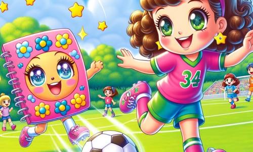 No centro da imagem, Ana, uma jovem de cabelos castanhos e cacheados, usa uma camisa de futebol rosa e um short azul. Ela sorri amplamente, cheia de alegria e confiança, enquanto dribla uma bola de futebol em um campo verdejante. À sua direita, Lili, um caderno colorido com padrões de flores e estrelas brilhantes, flutua alegremente no ar, expressando seu entusiasmo com olhos brilhantes. Ela parece incentivar Ana com balões de diálogo coloridos dizendo: 