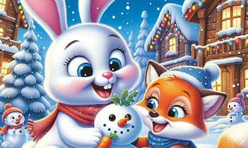 Un coniglio bianco di nome Bianchino, con grandi occhi blu, sorride mentre costruisce un pupazzo di neve. Accanto a lui c'è Rosina, una volpe arancione che tiene in mano una carota. La scena si svolge in un villaggio incantato, con case di legno decorate e un cielo blu, mentre fiocchi di neve cadono dolcemente. I due amici si divertono insieme in un'atmosfera festosa.