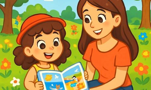 Una ragazza di 6 anni, Sofia, con grandi occhi scintillanti e capelli ricci castani, sorride felicemente tenendo un libro dalle pagine colorate. Indossa un vestito leggero a fiori e un piccolo cappello rosso, seduta sull'erba verde del parco. Accanto a lei, sua madre, una donna di circa 30 anni con lunghi capelli castani, sorride guardando Sofia, seduta su una coperta da picnic. Il parco è soleggiato, pieno di fiori multicolori, alberi frondosi e altri bambini che giocano in lontananza. Sofia sfoglia il suo libro illustrato sulle vacanze estive, con gli occhi brillanti di eccitazione, pronta a condividere le sue scoperte con sua madre.
