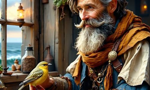 Un uomo alto e robusto, Einar, con barba e capelli castani scompigliati, volto segnato dal vento e espressione sollevata, porge delicatamente nella mano destra una piccola spilla d'oro a forma di uccello alla famiglia del faro; il guardiano di circa 60 anni, con barba grigia e giacca di lana spessa, lo osserva emozionato vicino alla finestra con le mani semiaperte; una donna di circa 55 anni, pelle chiara e capelli raccolti in uno chignon, sorride e sfiora la spilla dietro il tavolo del focolare; un bambino di 6 anni biondo, seduto su una panca vicino alla porta con un uccellino di legno, guarda Einar con ammirazione; ambientazione: una piccola casa del faro in legno scuro su una scogliera rocciosa, rocce bagnate e alghe scure, onde schiumose sotto e cielo pallido con nuvole rosate dopo la tempesta; situazione: Einar offre la spilla d'oro alla famiglia, la calda luce del fuoco illumina i loro volti, gocce d'acqua sulle sue maniche e un'atmosfera calma e rassicurante dopo la tempesta.