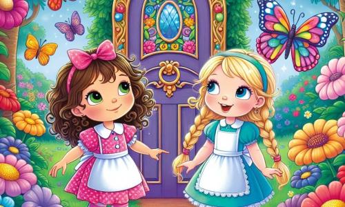 Due bambine, Alice e Mina, di due anni, si trovano davanti a una porta magica. Alice, con i capelli ricci castani e un vestito rosa a pois, guarda meravigliata la porta. Mina, con i capelli biondi intrecciati e un vestito blu, sorride indicando una farfalla colorata che vola vicino a loro. Lo sfondo è un giardino incantato, pieno di fiori giganti dai colori vivaci, grandi alberi con tronchi nodosi e farfalle multicolori che danzano nell'aria. La porta magica, decorata con motivi scintillanti, sembra brillare sotto il sole. Le due amiche sono pronte ad aprire la porta per entrare in un mondo fantastico, dove l'avventura le aspetta.