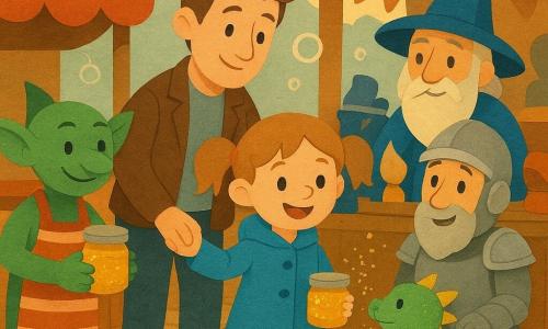 A joyful, confident 4-year-old girl with light brown pigtails, shiny yellow boots and a blue coat holds a jar of glitter jam and smiles at a cat-sized dragon with sparkling scales and curious eyes that sneezes glitter dust. Her father in a simple suit stands slightly behind her to the left holding her hand and smiling tenderly. An elderly wizard (about 60) with a long white beard and a blue pointed hat sits behind a hat stall to the right, touching a heroic hat with an amused eyebrow. A small green goblin vendor in a striped apron offers the glitter jam from a stall at the front left. A somewhat rickety knight (about 30) in shiny armor stands nearby relieved, holding a feather pulled from his helmet. The cozy market crossroads has colorful fabric stalls, paper garlands and warm paved ground; the scene shows care and warmth as the dragon stops sneezing when the knight removes the feather and everyone smiles, creating a sweet, humorous atmosphere.