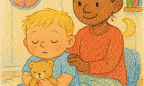 Ein etwa zweijähriger Junge mit blonden, weichen Strähnen, rundem Gesicht und halbgeschlossenen Augen wirkt ruhig und schläfrig; er hält fest einen kleinen beigefarbenen Teddybären und sitzt auf einem flauschigen Teppich. Dahinter sitzt seine etwa 30-jährige Mutter mit kastanienbraunen Haaren zu einem lockeren Dutt gebunden, mit sanftem Lächeln, und legt beruhigend eine Hand auf seine linke Schulter. Das kleine, warme Kinderzimmer mit cremefarbenen Wänden, einem runden Fenster, das das orangefarbene Dämmerlicht hereinlässt, einem Regal mit bunten Büchern und einer leuchtenden Mondnachtlampe vermittelt eine ruhige Einschlafstimmung: ruhige Atmung, entspannter Körper, gedämpftes Licht, weiche Texturen und pastellfarbene Palette in Beige, Himmelblau und Pfirsich.