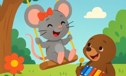 Molly, eine kleine graue Maus mit großen runden Ohren, spielt fröhlich auf einer Schaukel. Sie hat ein strahlendes Lächeln und ihre Augen funkeln vor Glück. Ihr Fell ist weich und flauschig, und sie trägt eine kleine rote Schleife auf dem Kopf. Neben ihr schaut Leo, ein kleiner Maulwurf mit braunem Fell und dicken Pfoten, bewundernd zu. Er hat ein schüchternes Lächeln und seine Augen strahlen vor Freude. Leo hält ein Glockenspiel in der Hand, bereit zu spielen, und steht direkt unter der Schaukel und hört aufmerksam zu. Der Ort ist ein sonniger Garten, gefüllt mit bunten Blumen und grünen Bäumen. Der Himmel ist blau mit einigen weißen, flauschigen Wolken, und der Boden ist mit weichem, grünem Gras bedeckt. Die Hauptsituation zeigt Molly, die sich auf der Schaukel amüsiert, während Leo mit seinem Glockenspiel sie lachend anfeuert. Zusammen teilen sie einen Moment der Freude und Freundschaft, der die Schönheit ihrer Verbindung trotz ihrer Unterschiede veranschaulicht.
