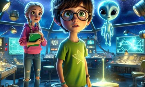Um garoto de 12 anos, Lucas, com cabelos castanhos bagunçados e óculos redondos, observa com olhos arregalados e maravilhados um pequeno extraterrestre azul flutuando à sua frente. Lucas usa uma camiseta verde vibrante e um jeans rasgado, e está em pé em um laboratório cheio de telescópios e telas brilhantes. Ao seu lado, uma menina de 12 anos, Emma, com cabelos loiros trançados e um sorriso curioso, segura um caderno de anotações e observa atentamente o extraterrestre. Ela veste um moletom rosa e tênis brancos. O laboratório está repleto de mapas do céu, meteoritos cintilantes e máquinas futuristas, com luzes piscando e painéis exibindo dados sobre as estrelas. Ao fundo, janelas deixam entrar a luz da lua, iluminando o ambiente com um brilho suave e misterioso. A cena principal mostra Lucas e Emma conversando com Zil, o extraterrestre, que parece preocupado, mas também intrigado, flutuando acima de uma mesa onde estão instrumentos científicos. Eles trocam ideias para consertar a nave de Zil, criando uma atmosfera de empolgação e aventura.