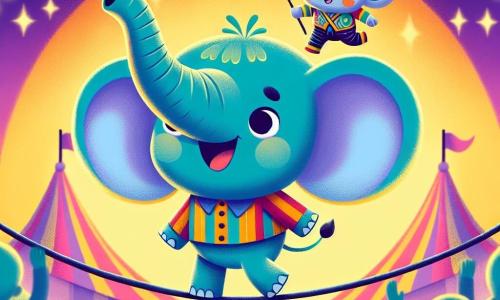 Un piccolo elefante dalle grandi orecchie e dal sorriso splendente, con la pelle grigia e gli occhi scintillanti di gioia, sta camminando cautamente su una corda tesa, apparendo sia eccitato che un po' nervoso. Accanto a lui, un funambolo umano, alto e magro, con un cappello a cilindro colorato e un costume a righe, sorride incoraggiante, tenendo un'asta per sostenerlo, mostrando un'espressione di orgoglio e amicizia. La scena si svolge sotto un grande tendone da circo, pieno di luci scintillanti e colori vivaci, con spettatori meravigliati che applaudono attorno alla pista. Al centro dell'illustrazione, il piccolo elefante e il funambolo sono in piena performance, l'elefante avanza con cautela sulla corda, mentre il funambolo lo incoraggia con entusiasmo, creando un'atmosfera di magia e gioia.