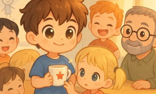 An 8-year-old boy with bright eyes and messy brown hair smiles proudly, holding a white cup with a tiny red star to his chest; Emma, about 6, with blond pigtails looks relieved and reaches for the cup; Mr. Green, around 40, with short gray stubble and round glasses sits at the table with a warm expression and his hand on the table; Mia, about 7, with tied black hair watches admiringly from behind, and Ben, about 7 with red hair, stands nearby laughing; the bright school meeting room has a light wood table, low colorful chairs, a whiteboard and a high window showing a cup print and liquid ring, and golden light bathes the joyful, resolved moment with the red star clearly visible on the cup.