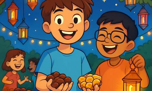 A 12-year-old boy, Amir, with tousled brown hair and sparkling curious eyes, stands at the center of the scene, a radiant smile on his face. He wears a light blue t-shirt and comfortable shorts, his hands full of dates and small cakes, ready to share. Next to him, Zayd, a 12-year-old boy with black hair and glasses, laughs joyfully, holding a shimmering golden lantern in his hand. They are in a vibrant garden filled with colorful lanterns hanging from the trees, illuminating the starry night. The scene exudes a festive and warm atmosphere, with string lights and tables laden with traditional dishes, while children laugh and play around them, creating a sense of joy and sharing during Ramadan.