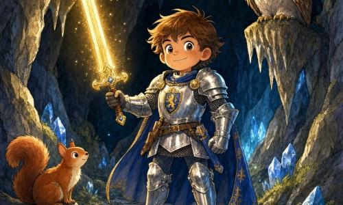Sir Cedric, a boy knight, stands centered in a damp rocky cave, joyful and determined, in shiny silver armor with blue sheen, proudly raising a legendary sword that emits a soft golden glow; a small red squirrel sits on a rock near the entrance watching curiously, and an old wise owl perches on a stalactite above with folded wings and bright pearl‑like eyes; gray textured walls, stalactites and reflective puddles, the sword’s warm light illuminating blue crystals and green moss; centered composition, strong contrast between the golden glow and the cave’s bluish darkness, rendered in colored ink with crisp lines, soft washes and touches of sparkling gold.
