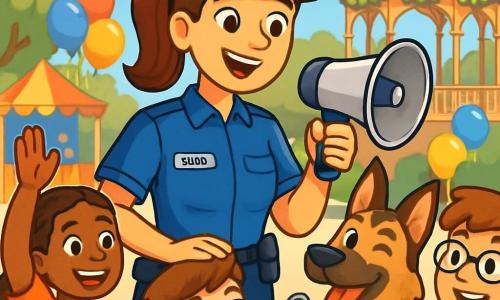 Una poliziotta sorridente di nome Giulia è al centro dell'immagine. È alta, con capelli castani raccolti in una coda di cavallo, indossa un'uniforme blu brillante che brilla al sole. Il suo viso è radioso di orgoglio e determinazione, e tiene un megafono in una mano mentre accarezza il suo fedele cane poliziotto, Rocky, un pastore tedesco dal pelo lucido, che le fa l'occhiolino. Intorno a lei, un gruppo di bambini entusiasti, di circa 8-10 anni, è radunato. Una ragazza con capelli intrecciati, di nome Sara, alza la mano con eccitazione, mentre un ragazzo di nome Filippo, con occhiali e un grande sorriso, tiene una chiave che ha appena trovato. I bambini indossano t-shirt colorate e pantaloni corti, e i loro volti sono illuminati dalla gioia e dalla curiosità. La scena si svolge in una piazza animata, decorata con palloncini colorati e stand di giochi. Alberi verdi circondano la piazza e un grande gazebo ornato di ghirlande di fiori si erge sullo sfondo, creando un'atmosfera festosa e accogliente. Giulia spiega ai bambini l'importanza della sicurezza e delle regole, incoraggiandoli a partecipare a un gioco d'inchiesta. I bambini sono affascinati, pronti a risolvere il mistero insieme, e l'atmosfera è piena di energia ed entusiasmo.