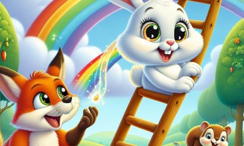 Pompom, um coelhinho de grandes orelhas e pelagem branca brilhante, está empoleirado em uma escada mágica que se eleva em direção a um arco-íris colorido, com um grande sorriso de empolgação no rosto. Seus olhos brilham de determinação enquanto ele estende uma pata para pegar uma gota cintilante no topo do arco-íris. Ao lado dele, uma raposa astuta com pelagem laranja e olhos travessos observa Pompom com admiração, pronta para incentivá-lo. Um esquilo travesso, com uma pequena cauda peluda e avelãs nas patas, está sentado na base da escada, rindo e aplaudindo seu amigo entusiasticamente. O cenário é um lindo céu azul pontilhado de nuvens brancas, enquanto abaixo se estende uma paisagem verdejante de flores coloridas e árvores majestosas, criando uma atmosfera alegre e mágica. A cena principal mostra Pompom subindo corajosamente a escada mágica, pronto para enfrentar o desafio impossível de alcançar a gota do arco-íris, cercado por seus amigos que o incentivam com sorrisos e risadas.