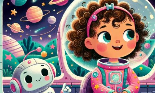 Luna, uma jovem com cabelos cacheados e brilhantes, sorri maravilhada enquanto observa pela grande janela da nave Azulinha. Ela veste um traje espacial rosa com estrelas cintilantes. Ao seu lado, um robô amigável, com corpo prateado e olhos brilhantes, ajusta os comandos da nave, exibindo uma expressão alegre. Ao fundo, vê-se uma paisagem espacial repleta de planetas coloridos, estrelas cintilantes e uma nebulosa roxa. A nave flutua suavemente no espaço, pronta para explorar novos mundos. Luna, empolgada, aponta para um planeta verde e suave que parece perfeito para brincar e descansar.