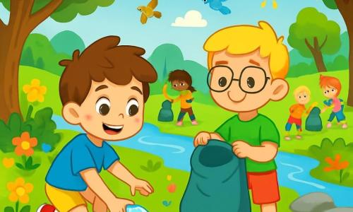 Ci sono 2 personaggi principali: Luca, un bambino di 5 anni con capelli castani disordinati, che indossa una maglietta blu e pantaloni gialli, accovacciato e sorridente mentre raccoglie una bottiglia di plastica; e Marco, un bambino di 5 anni con capelli biondi e occhiali rotondi, vestito con una maglietta verde e pantaloni rossi, in piedi accanto a Luca con un grande sacco della spazzatura, pronto a mettere dentro la bottiglia. La scena si svolge in una bella riserva naturale, piena di alberi verdi, fiori colorati e un lago scintillante. Luca e Marco lavorano insieme per pulire la riserva, circondati da altri bambini che li aiutano a raccogliere rifiuti, tutti sorridenti e felici, celebrando il loro amore per la natura.