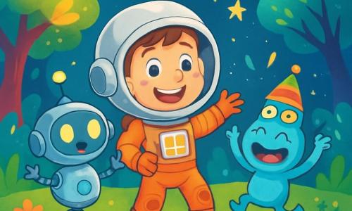 Ein Astronaut namens Ben, lächelnd und begeistert, trägt einen großen silbernen Raumhelm und einen glänzenden Anzug. Er steht auf dem grünen Boden eines fremden Planeten. Seine Augen funkeln vor Aufregung, während er seine Umgebung beobachtet. Neben ihm schwebt ein kleiner Roboter namens Robi, mit einem runden Körper und leuchtenden Augen, fröhlich und mit kleinen Freudenpiepsen. Etwas weiter tanzt ein kleines blaues Wesen namens Tiko, mit drei Augen und einem bunten Hut, um sie herum, lacht und schwenkt seine Arme. Die Landschaft ist magisch, mit Bäumen mit leuchtenden Blättern und bunten Blumen, die unter einem sternenklaren Himmel strahlen. Funkelnde Sterne und farbige Planeten sind in der Ferne sichtbar und schaffen eine märchenhafte Atmosphäre. Die Hauptsituation zeigt Ben, Robi und Tiko, die zusammen feiern, umgeben von strahlenden Lichtern und freundlichen Kreaturen, nachdem sie ein Rätsel über das Verschwinden der Lichter im Wald gelöst haben.