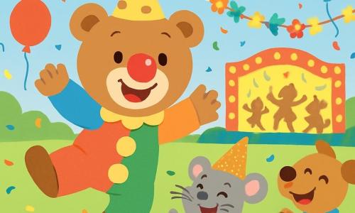 Ein Plüschbär namens Benny, der ein buntes Clownkostüm mit einer großen roten Nase und Pompons trägt, springt vor Freude mit einem breiten Lächeln im Gesicht. Neben ihm tanzt eine kleine graue Maus mit einem glitzernden Karnevalshut lachend, ihre Augen strahlen vor Glück. Ein fröhlicher Hund mit einem bunten Halstuch wedelt mit dem Schwanz und klatscht, während er etwas im Hintergrund steht. Die Szenerie ist ein großer Park, gefüllt mit bunten Ballons, die am blauen Himmel schweben, Blumenketten und sanft fallenden Konfetti. Im Zentrum steht eine Bühne, dekoriert mit hellen Lichtern, auf der Tiere gemeinsam tanzen und singen. Die Hauptsituation zeigt Benny und seine Freunde, die den Karneval feiern, umgeben von Lachen und Musik, mit Freudentränen in der Luft.