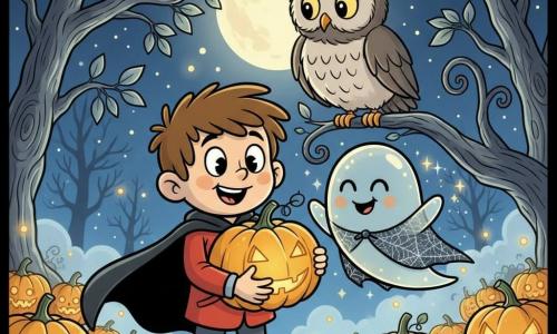 The main character is a 10-year-old boy with messy brown hair, round curious eyes and an amazed smile, holding a large glowing golden pumpkin to his chest, wearing a red jacket and a slightly billowing black cape; a small friendly translucent ghost with a round cute shape, a mischievous smile, button black eyes and a shiny spiderweb cape floats to his right, scattering tiny sparks; behind them a large anthropomorphic owl with gray feathers and piercing yellow eyes perches on a low branch, watching benevolently; the setting is a nighttime Halloween forest glade with twisted trees and silver leaves, rows of carved pumpkins casting warm orange-gold light, low mist and floating fireflies; the scene shows the boy and ghost discovering the lost pumpkin in a warm, magical atmosphere with strong contrast between the pumpkin’s golden glow and the deep blue starry sky, rounded retro cartoon proportions, saturated colors, smooth textures and thick black ink outlines.