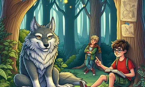 Im Zentrum des Bildes sitzt der **große böse Wolf**, ein majestätisches Tier mit grauem Fell und durchdringenden gelben Augen, unter einem großen Baum, umgeben von bunten kleinen Vögeln, die ihm aufmerksam zuhören. Zu seiner Rechten steht **Jonas**, ein 11-jähriger Junge mit zerzausten braunen Haaren und einem mutigen Lächeln, der ein rotes T-Shirt und eine Jeansshorts trägt und eine Schatzkarte in den Händen hält. Zu seiner Linken ist **Max**, ebenfalls 11 Jahre alt, mit blonden Haaren und einer Brille, der etwas in ein Notizbuch zeichnet, gekleidet in ein blaues T-Shirt und Cargo-Hosen. Schließlich steht **Paul**, der Vorsichtigste der Gruppe, ein 11-jähriger Junge mit kastanienbraunen Haaren und grünen Augen, leicht im Hintergrund mit verschränkten Armen, trägt einen grünen Pullover und Jeans und beobachtet die Szene neugierig. Der Ort ist ein **sanftes, magisches Licht**, eine grüne Lichtung im Herzen eines dichten Waldes, wo große Bäume mit knorrigen Stämmen gen Himmel ragen und ihre Blätter ein grünes Dach bilden. Bunte Blumen sprenkeln den Boden, und Sonnenstrahlen filtern durch die Äste und erzeugen Lichtmuster auf dem Gras. Die Hauptsituation zeigt den **großen bösen Wolf**, der mit beruhigendem Blick seine Geschichte den **drei Jungen** erzählt, während die Vögel um sie herum singen. Die Jungen hören fasziniert und neugierig zu, bereit, die Wahrheit hinter der Legende des Wolfes zu entdecken.