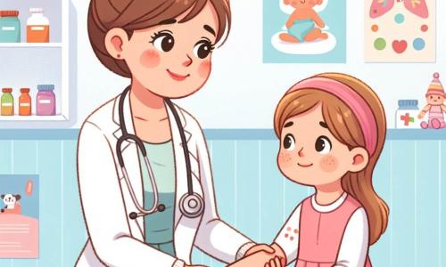 Dr. Lisa ist eine lächelnde Frau mit braunen Haaren, die zu einem Dutt gebunden sind. Sie trägt eine weiße Jacke und ein Stethoskop um den Hals. Ihr Blick ist warm und beruhigend, was ihre Entschlossenheit zeigt, ihren Patienten zu helfen. Mia, ein etwa 7-jähriges Mädchen mit langen blonden Haaren, trägt ein rosa Kleid. Sie sitzt nervös, aber mit einem schüchternen Lächeln auf dem Untersuchungstisch, während Dr. Lisa ihr die Hand hält, um sie zu beruhigen. Die Szene spielt in einem hellen, einladenden Beratungsraum mit pastellblauen Wänden, bunten Gesundheitsplakaten und verstreuten Kinderspielzeugen auf einem Regal. Dr. Lisa untersucht Mia, die eine leichte Schramme am Arm hat, und spricht sanft mit ihr, erklärt jeden Schritt, während Mia aufmerksam zuhört und sich zunehmend sicherer fühlt.