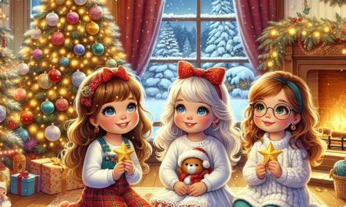 Drei kleine Mädchen, Mia, Leni und Clara, sind in einem gemütlichen, weihnachtlich dekorierten Wohnzimmer versammelt. Mia, ein 8-jähriges Mädchen mit braunen Haaren und strahlenden Augen, steht neben dem großen Weihnachtsbaum und hält einen goldenen Stern in der Hand. Leni, ein 7-jähriges Mädchen mit blonden Haaren und rosigen Wangen, sitzt auf dem Teppich, umgeben von köstlichen Weihnachtsplätzchen, mit einem strahlenden Lächeln im Gesicht. Clara, ein 6-jähriges Mädchen mit kastanienbraunen Haaren und runden Brillen, schaut fasziniert aus dem Fenster auf den sanft fallenden Schnee. Das Wohnzimmer ist voller funkelnder Lichter, bunter Girlanden und eines großen Baums, der mit glänzenden Kugeln und einem goldenen Stern an der Spitze geschmückt ist. Ein Feuer knistert im Kamin und schafft eine warme Atmosphäre. Draußen tanzen Schneeflocken und bedecken den Garten mit einem weißen Mantel. Die drei Freundinnen teilen einen magischen Moment und träumen von ihren Weihnachtswünschen, während der süße Duft frisch gebackener Plätzchen die Luft erfüllt.