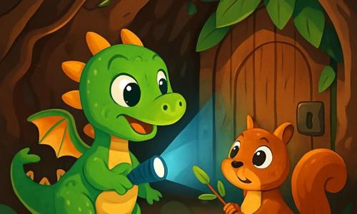 Un pequeño dragón verde llamado Lilo, con escamas brillantes y ojos llenos de curiosidad, explora un túnel oscuro, iluminado por su linterna mágica que emite una suave luz azul. Tiene una expresión de emoción en su rostro, con su cola moviéndose detrás de él. A su lado, una pequeña ardilla llamada Aria, con pelaje marrón y ojos vivos, mira a su alrededor con asombro, sosteniendo una pequeña rama entre sus patas. Se encuentran en un túnel estrecho, rodeado de raíces de árboles retorcidas y piedras cubiertas de musgo, con destellos de luz filtrándose a través de las grietas. La escena principal muestra a Lilo y Aria descubriendo una antigua puerta de madera, oculta detrás de hojas, simbolizando el comienzo de una aventura mágica y misteriosa.