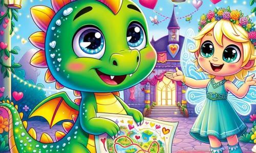 Un pequeño dragón verde llamado Drilo, con escamas brillantes y ojos chispeantes de curiosidad, se encuentra en el centro de la escena, con una sonrisa tímida en su rostro. Sostiene un mapa colorido entre sus garras, rodeado de corazones de papel que flotan a su alrededor. A su derecha, una pequeña hada llamada Lila, con alas translúcidas y cabello dorado, sonríe alegremente sosteniendo una corona de flores. Ella está llena de entusiasmo y parece animar a Drilo con gestos amistosos. Al fondo, una escuela mágica está decorada con guirnaldas de corazones y farolillos brillantes, con árboles en flor y un cielo azul claro. Criaturas fantásticas bailan y ríen, añadiendo un ambiente festivo a la escena. Drilo, dudoso pero feliz, extiende su mapa a sus amigos, descubriendo el placer de compartir y celebrar la amistad en esta fiesta de San Valentín.