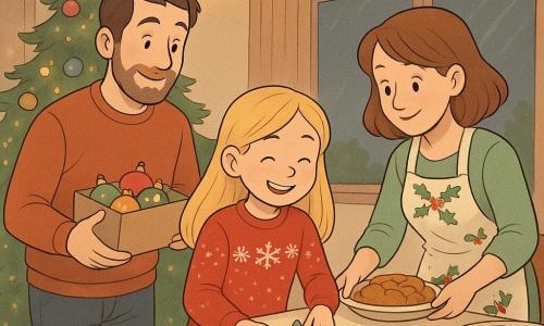 Lisa, een 8-jarig meisje met lang blond haar en sprankelende ogen, glimlacht terwijl ze servetten in de vorm van kleine kerstbomen op tafel legt. Ze draagt een rode trui met sneeuwvlokmotieven. Haar vader, een man van ongeveer 35 jaar met bruin haar en een lichte baard, staat naast haar met een doos kerstversieringen. Hij kijkt trots naar Lisa. Haar moeder, een vrouw van ongeveer 33 jaar met kastanjebruin haar en een schort met hulstmotieven, legt smakelijke gerechten op tafel. Ze staat aan de andere kant van de tafel en kijkt liefdevol naar Lisa. De scène speelt zich af in een warme woonkamer, versierd met lichtslingers en een grote kerstboom die in de hoek schittert. De tafel is bedekt met een tafelkleed met gouden sterren en flikkerende kaarsen zorgen voor een zachte gloed. De hoofdsituatie toont Lisa, stralend van geluk, terwijl ze de tafel voorbereidt voor het kerstdiner, omringd door haar ouders die haar helpen en aanmoedigen, wat een feestelijke en familiale sfeer creëert.