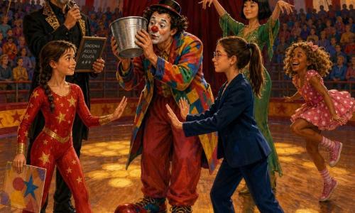 Ci sono sei personaggi: Nora, 12 anni, capelli castani corti con treccia laterale, in body rosso con stelle dorate, in primo piano a sinistra con un cartoncino colorato; Mira, 12 anni, capelli castani legati in coda, occhiali sottili, costume blu scuro, a destra di Nora che la imita come in uno specchio; Giada, 12 anni, capelli biondi ricci, vestito a pois rosa, sullo sfondo a destra in posa comica; Livia, 12 anni, capelli neri a caschetto, abito verde elegante, dietro Mira pronta a sincronizzare un salto; Pepito, clown trentenne, trucco bianco e naso rosso, giacca colorata e scarpe grandi, al centro con un secchio metallico verso cui agisce teatrale; Tullio, coreografo di circa 45 anni, capelli sale e pepe, giacca nera col colletto dorato, con fischietto e lavagnetta osserva sorridendo. Ambientazione: un grande tendone da circo a strisce rosse e bianche, pavimento in legno lucido, luci e corde sospese, pubblico sfocato sui banchi e tendaggio di velluto porpora aperto sul fondo. Situazione: scena comica e luminosa con Pepito che esegue una “danza del timing” col secchio al centro, le quattro ragazze osservano e imitano fuori scena, Tullio scandisce il ritmo col fischietto; atmosfera gioiosa, colori caldi e contrasti netti, pennellate acriliche visibili.