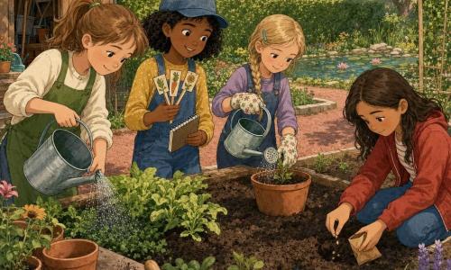 Quattro bambine: Sofia, 9 anni, pelle chiara, capelli castano chiaro raccolti in coda, con un grembiule verde versa poche gocce d'acqua a sinistra; Amina, 10 anni, pelle olivastra, capelli neri ricci corti, con un cappellino blu tiene etichette disegnate e un taccuino, centro-sinistra; Giulia, 8 anni, pelle molto chiara, capelli biondi intrecciati, con guanti a fiori annaffia delicatamente un vaso con un piccolo annaffiatoio, centro-destra; Lara, 9 anni, pelle olivastra, capelli castani sciolti, con una giacca rossa tiene una bustina di semi che sta interrando, a destra. In un piccolo giardino scolastico soleggiato con sentiero di ghiaia rossa, siepe verde, uno stagno con ninfee sullo sfondo, una casetta attrezzi in legno a sinistra e vasi di terracotta su un tavolo davanti; terreno fresco, qualche ombra di foglie e cielo azzurro. Le bambine piantano erbe aromatiche e fiori: mani che mettono semi, sottili gocce d'acqua che bagnano la terra, una bottiglia di plastica raccolta accanto a un piccolo bidone per il riciclo con un'etichetta; atmosfera dolce, gesti attenti, colori caldi e texture di terra, tessuti e legno ben visibili.