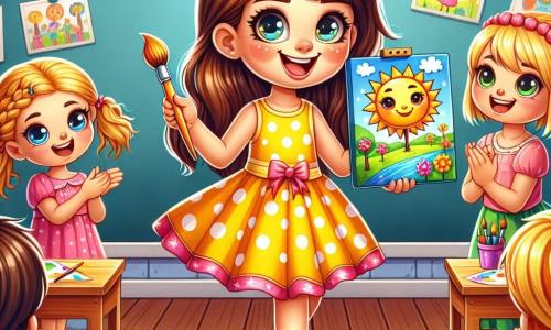 Una bambina di 7 anni, Sofia, si trova al centro dell'immagine, con grandi occhi brillanti e capelli castani ondulati, indossando un vestito a pois gialli. Esprime gioia e orgoglio, tenendo un pennello in una mano e un quadro colorato che rappresenta un cielo blu con un sole sorridente nell'altra. Accanto a lei, la sua migliore amica Giulia, anch'essa di 7 anni, con capelli biondi intrecciati e un sorriso radioso, applaude ammirando il quadro di Sofia. Lo sfondo è un'aula luminosa, decorata con disegni colorati appesi alle pareti, con finestre che lasciano entrare la luce del sole e tavoli di legno dove altri bambini espongono le loro opere. La situazione principale mostra Sofia, nervosa ma determinata, mentre presenta il suo quadro a un gruppo di giudici sorridenti, mentre gli altri bambini la osservano con curiosità ed entusiasmo. L'atmosfera è piena di colori vivaci ed energia positiva, simboleggiando la fiducia in sé e la creatività.
