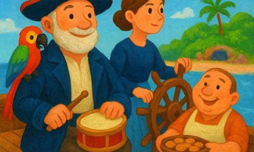 Un uomo — il capitano Mino — sorridente e benevolo, barba morbida, grande cappello con piuma rossa e giacca blu navy consumata, tiene un piccolo tamburo di legno e lo percuote delicatamente, in postura rassicurante sul ponte di legno; una donna — Lalla, circa 25 anni — con i capelli raccolti, occhi vivaci, in tenuta da timoniera, tiene la barra e guarda l'orizzonte a sinistra del capitano; un uomo — Beppe, circa 40 anni — paffuto e allegro, con grembiule stropicciato, tende un piatto di biscotti vicino alla poppa; un pappagallo colorato — Pipo — sulla spalla del capitano, piume rosse, verdi e blu, becco aperto come se ridesse; piccoli granchi rossi e arancioni scendono in fila verso l'acqua ai piedi della scaletta; sullo sfondo un'isola verde con palme, spiaggia di sabbia rosa, conchiglie scintillanti e una grotta corallina, e un leggero arcobaleno nel cielo azzurro; atmosfera dolce e luminosa, colori saturi, texture da pittura visibili, forme arrotondate e composizione centrata sul capitano e il suo tamburo per trasmettere calore e sicurezza.